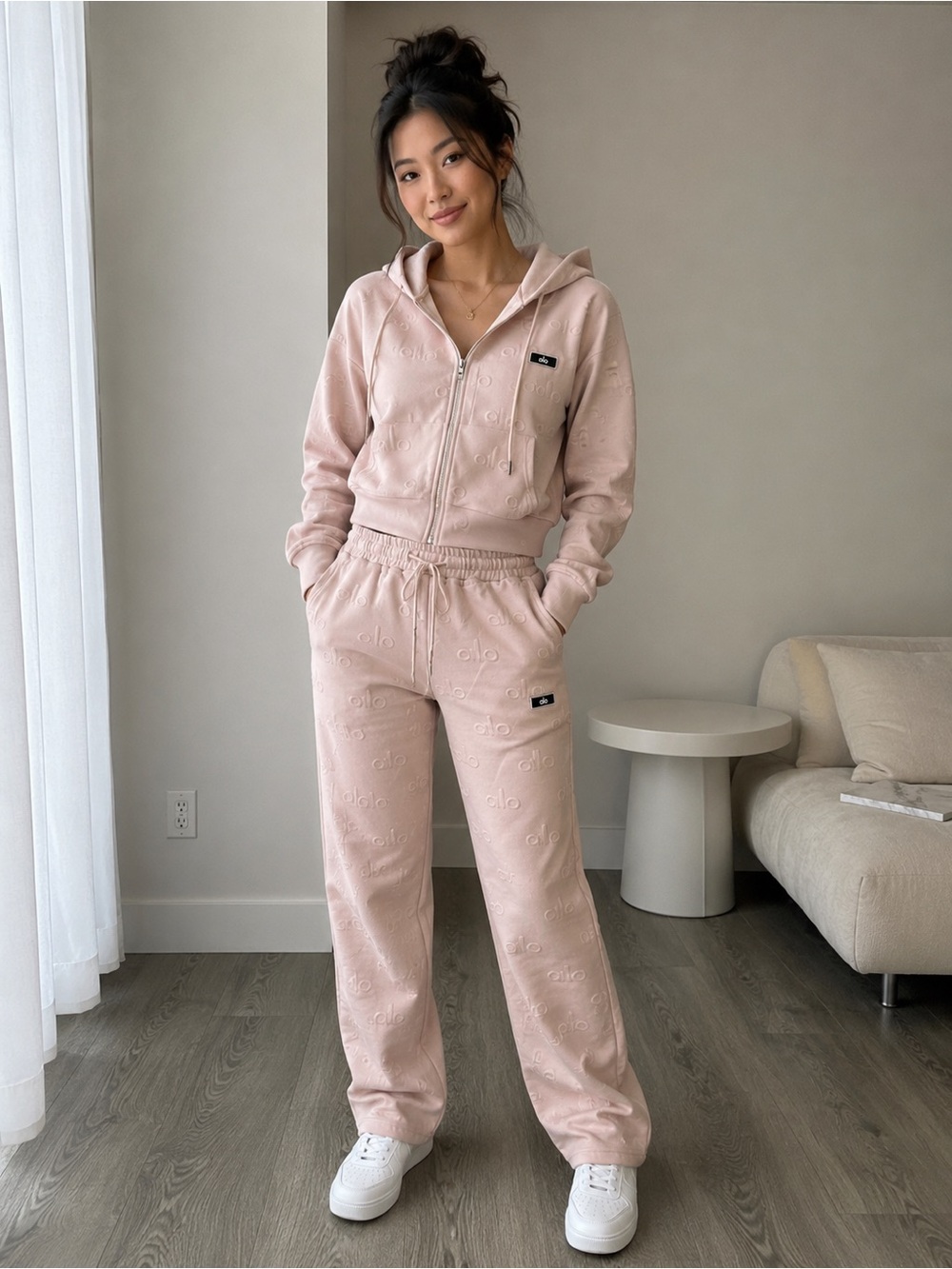 ALO inspired Blush Pink Embossed Hoodie & Sweatpants Airport Set